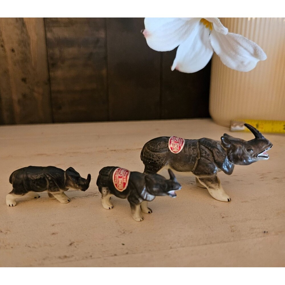 Mid Century Bradley Bone China Japan Rhinoceros Family 3 Hand Painted Rhinos